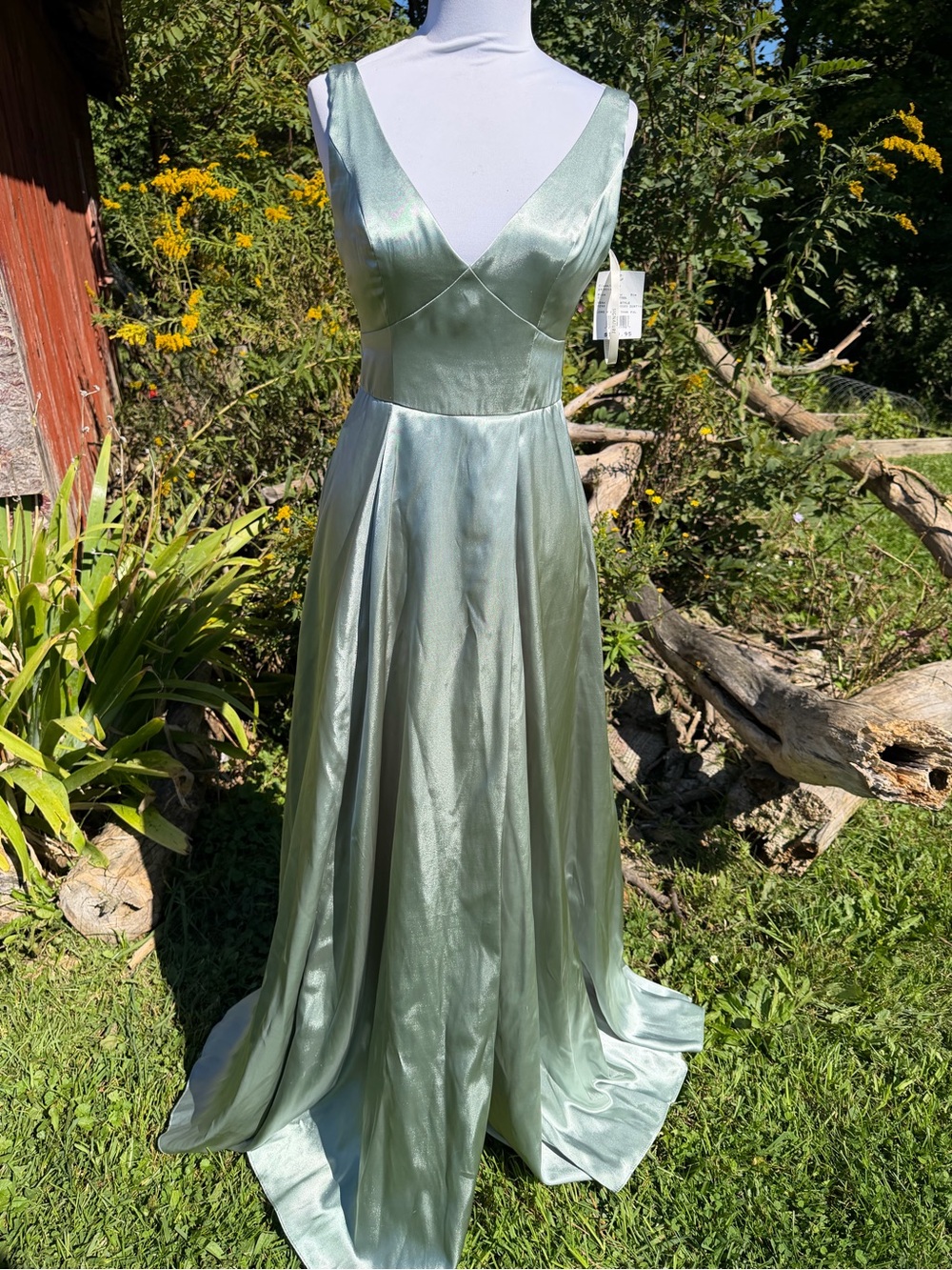 Satin V-Neck Maxi Dress in Sage Green